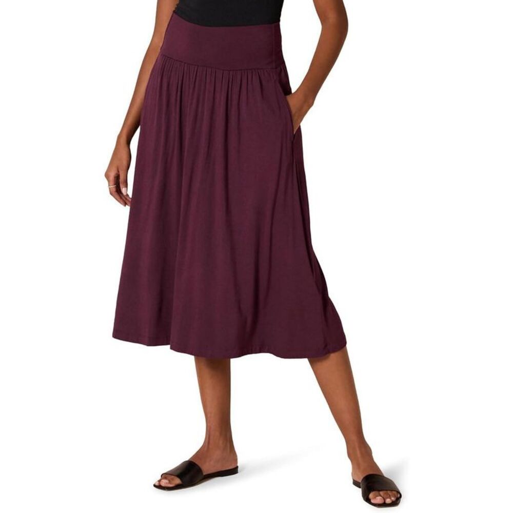 Women's Pull-On Jersey Midi Skirt - Stretchy Knit A-Line Skirt Burgundy
